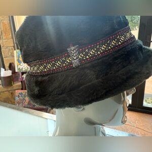 Vintage Faux Fur Winter Hat Black Union Made USA Medium – Embroidered Trim